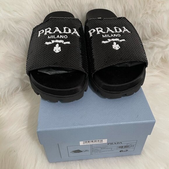 Prada Black Sequin White Logo Slide Sandal - Picture 12 of 12